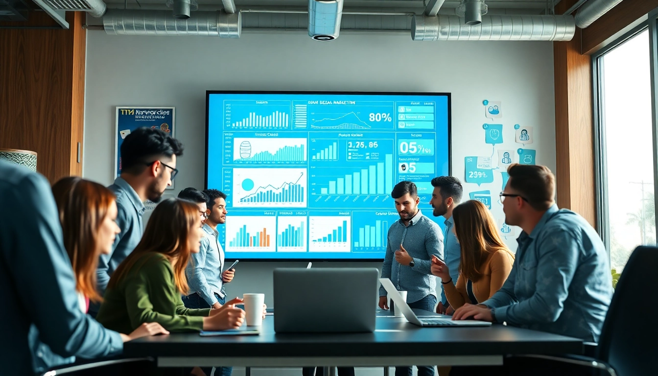 Engaging team collaborating on edmonton social media marketing strategies with data visuals.