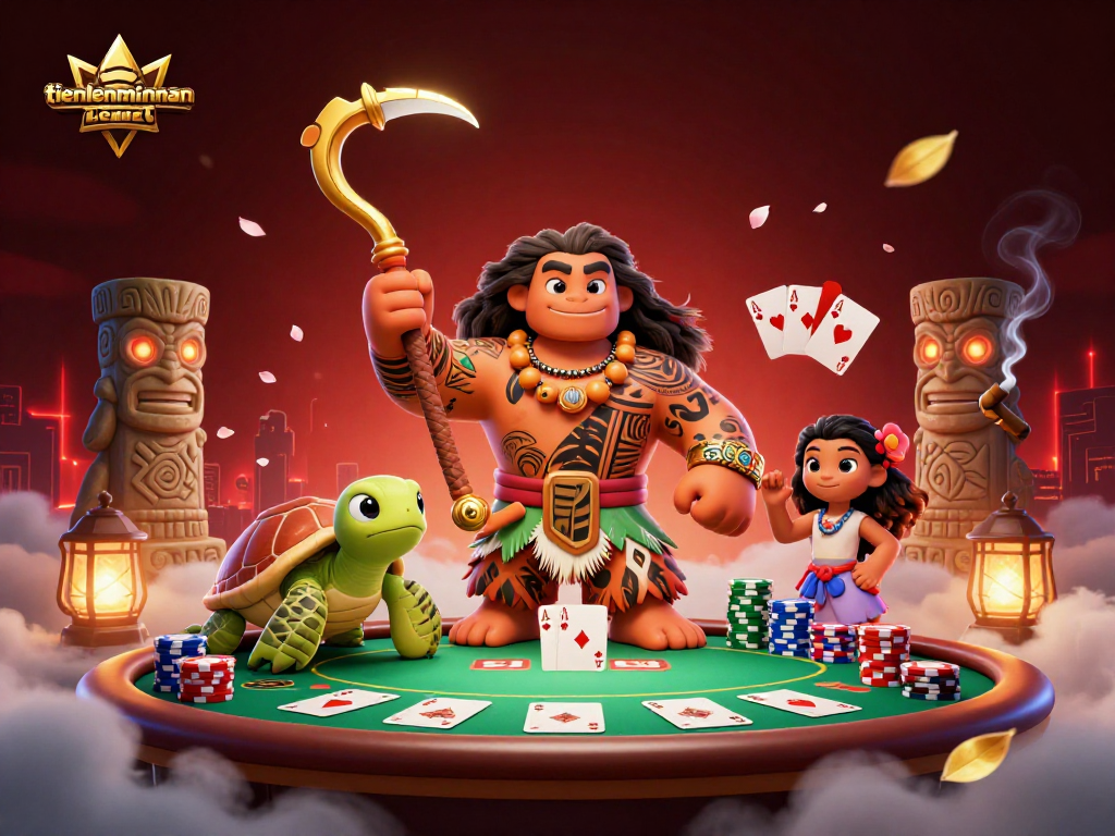 Experience the thrill of playing Tiến Lên with colorful poker elements and vibrant characters in an exciting setting.
