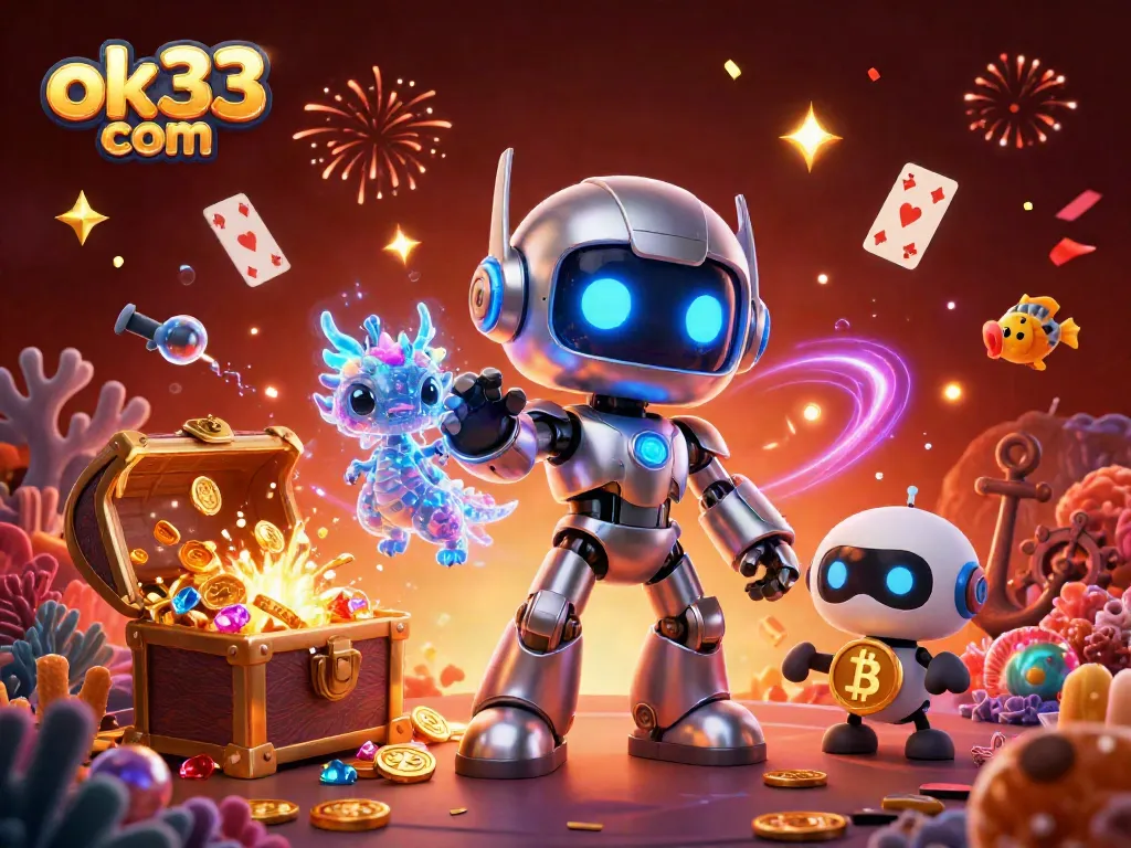 Engage with ok33 com and its vibrant casino adventures featuring a cyberpunk robot mascot and holographic dragon.