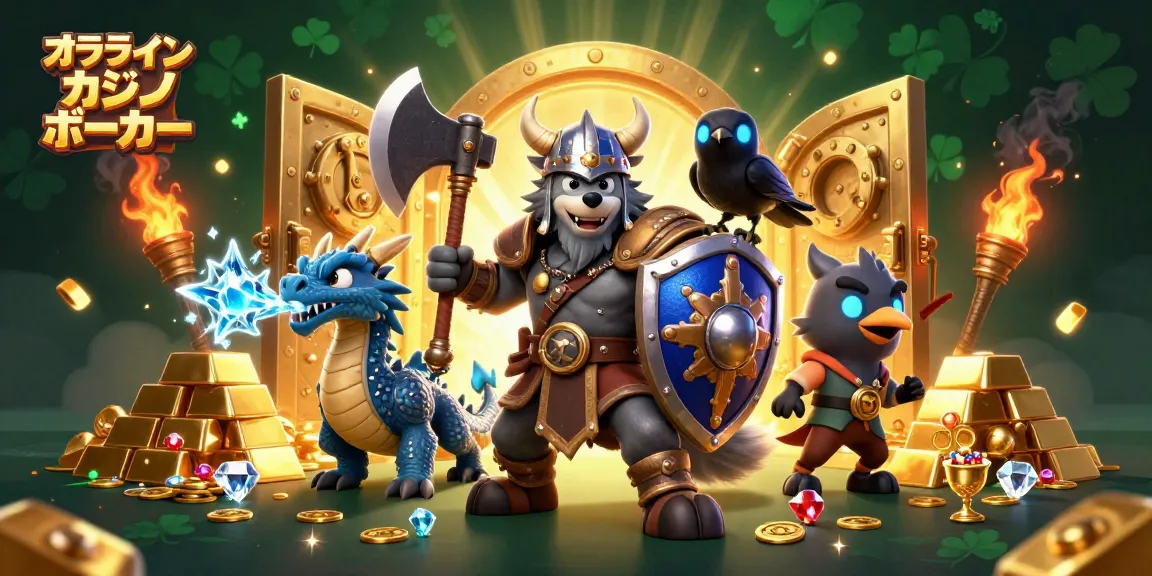 オンライン カジノ ポーカーを楽しむための剣を持つオオカミ戦士とドラゴンのイラスト