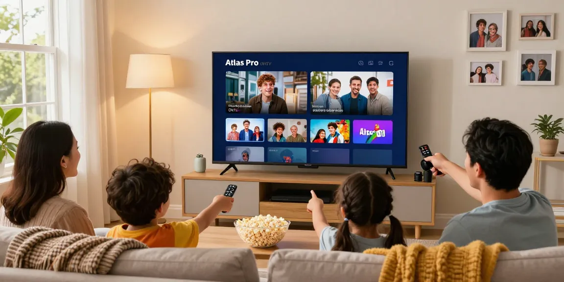 Family enjoying Atlas Pro ONTV on a Smart TV in a cozy living room.