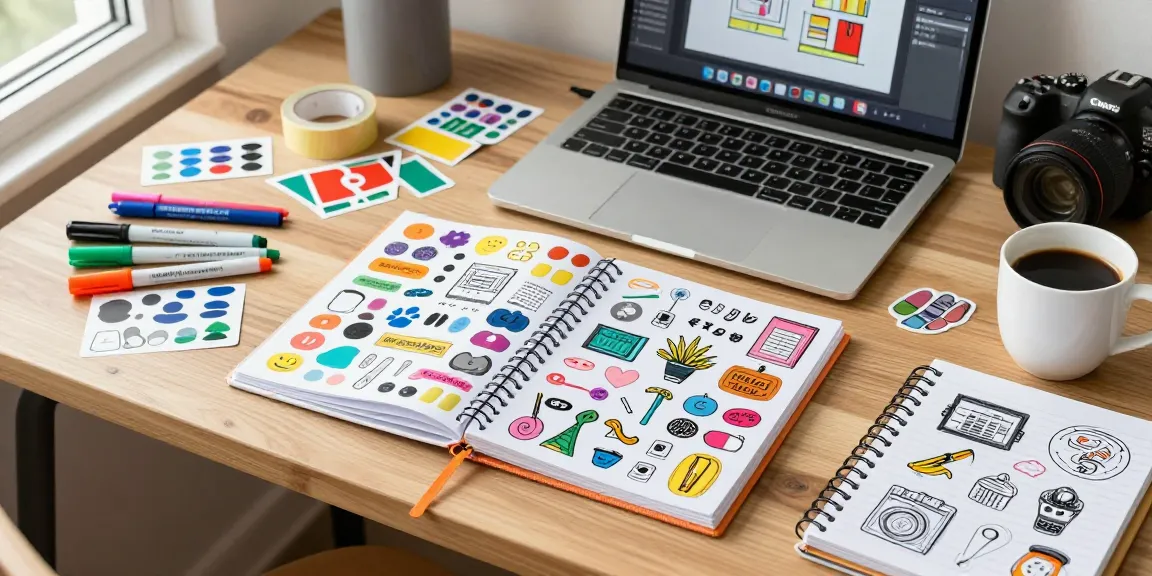Custom reusable sticker book displayed artistically with vibrant stickers, design tools, and a sunny workspace.