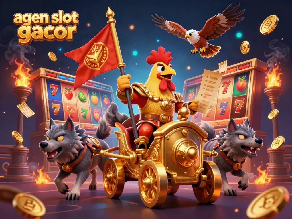 Action-packed illustration showcasing agen slot gacor with a rooster warlord and slot machines amidst golden coins and vibrant casino elements.