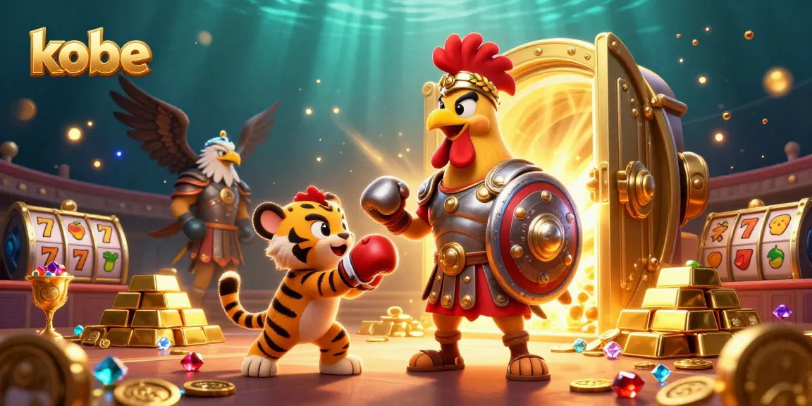Experience thrilling kobe gameplay with the gladiator rooster and tiger cub in a vibrant casino scene.