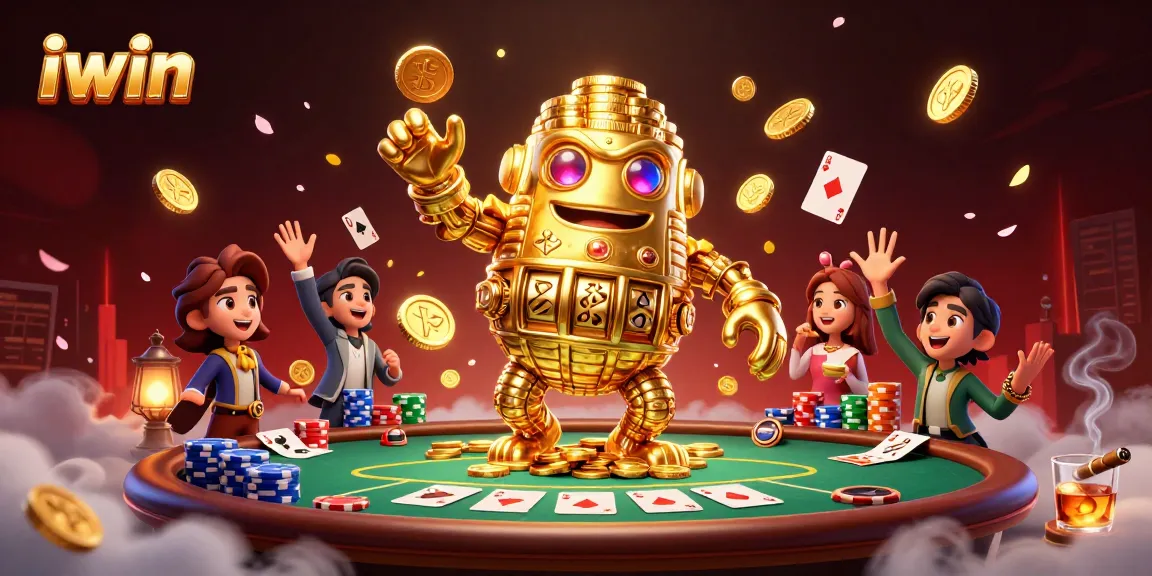 Engage in iwin casino games with a mystical golem offering golden treasures and poker excitement.