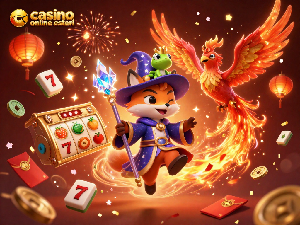 Gioca ai casino online esteri con un'illustrazione fantastica di un mago volpino e una fenice, circondati da simboli di slot e monete d'oro.