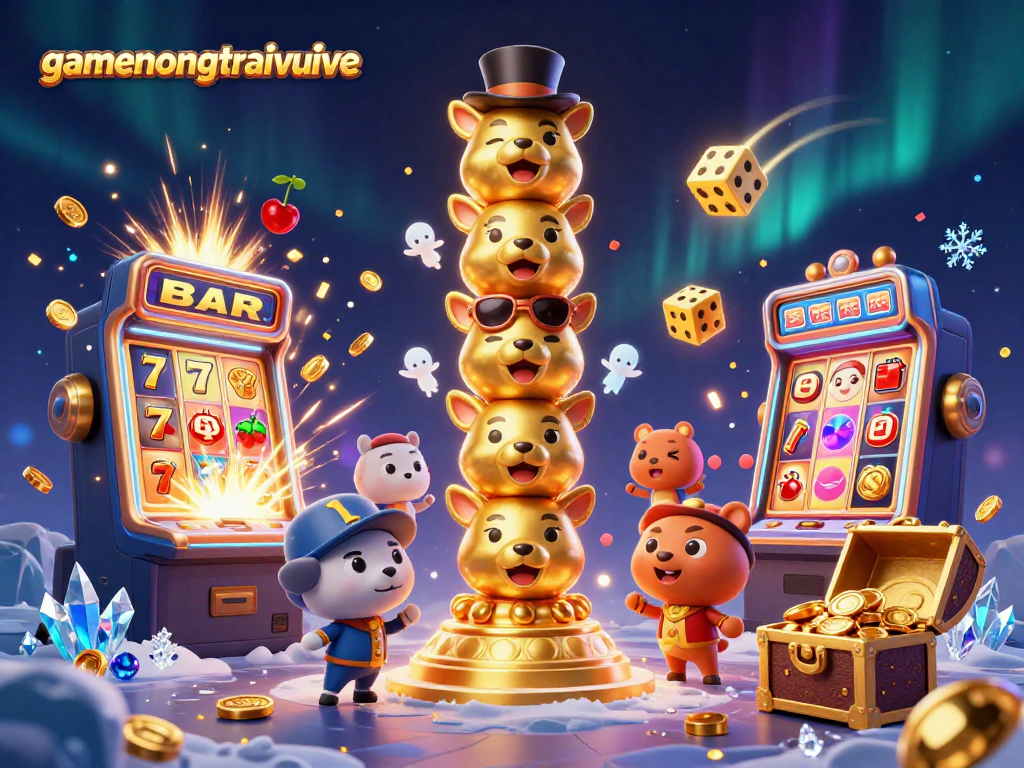 Engage with gamenongtraivuive in a vibrant 3D casino scene filled with animated characters and explosive jackpots.