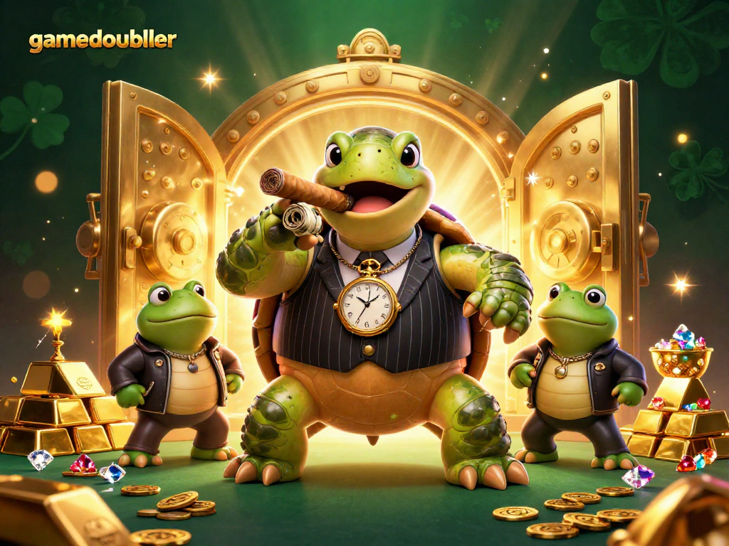 Engage with gamedoubler through this vibrant casino scene featuring a snapping turtle mobster and bullfrog enforcers.