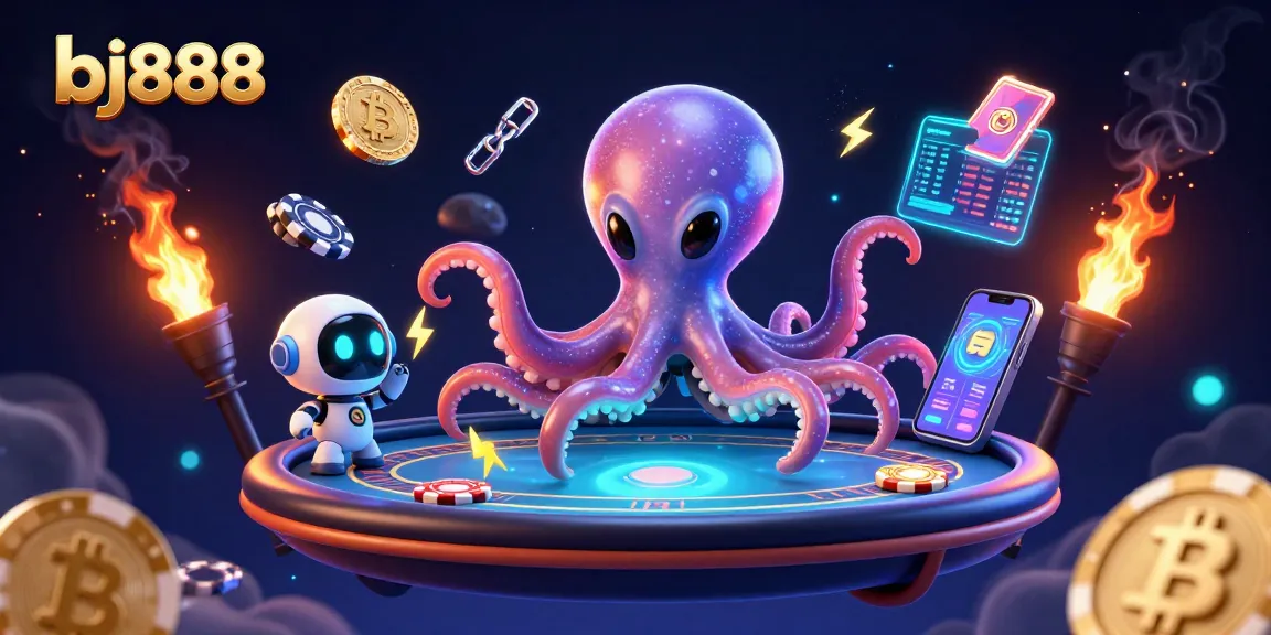 Engage with bj888's gaming universe as a cosmic octopus plays poker in outer space.