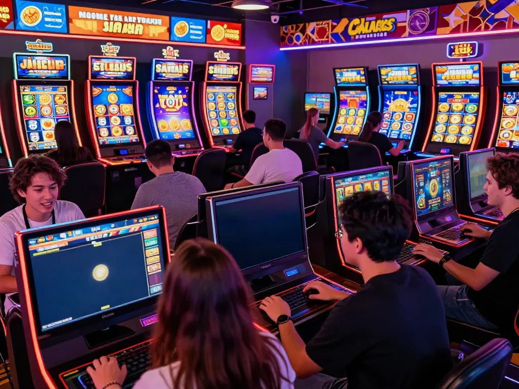 Players engaged in situs slot gacor gaming with vibrant screens and cheerful interactions in a lively online casino.