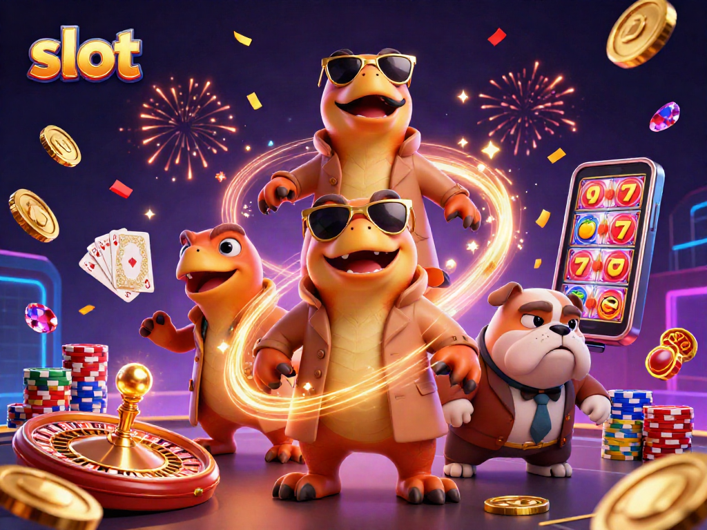 Raptors enter a VIP lounge with slot machines and casino elements in a vibrant 3D illustration.