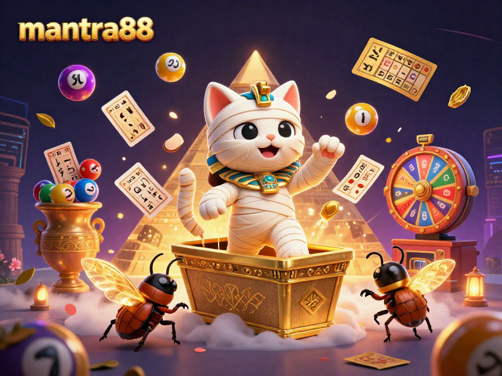 Engage with mantra88's vibrant casino experience featuring a mummy cat and dynamic lottery elements.