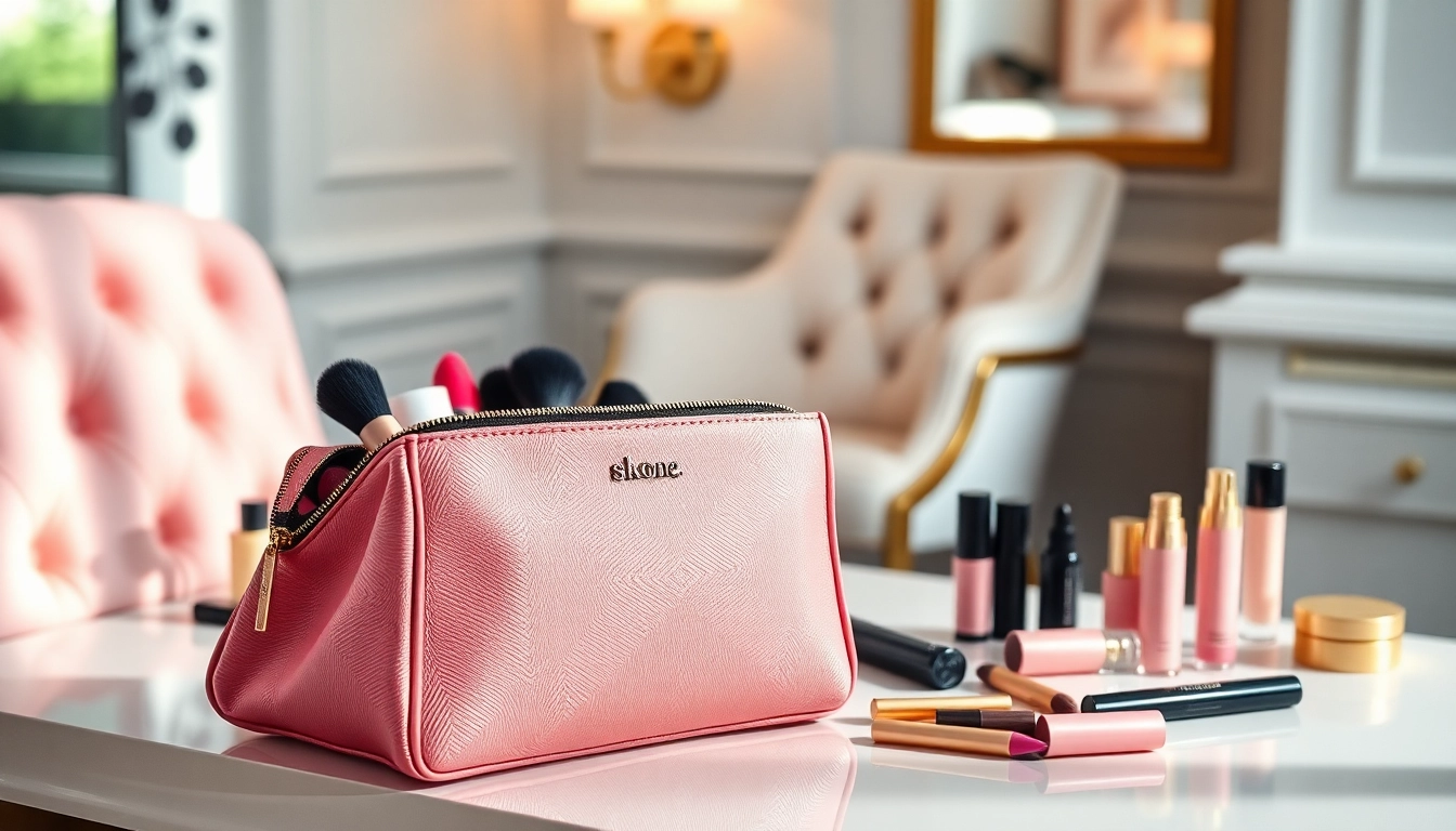 Showcase the skone cosmetics signature makeup bag filled with vibrant makeup items.