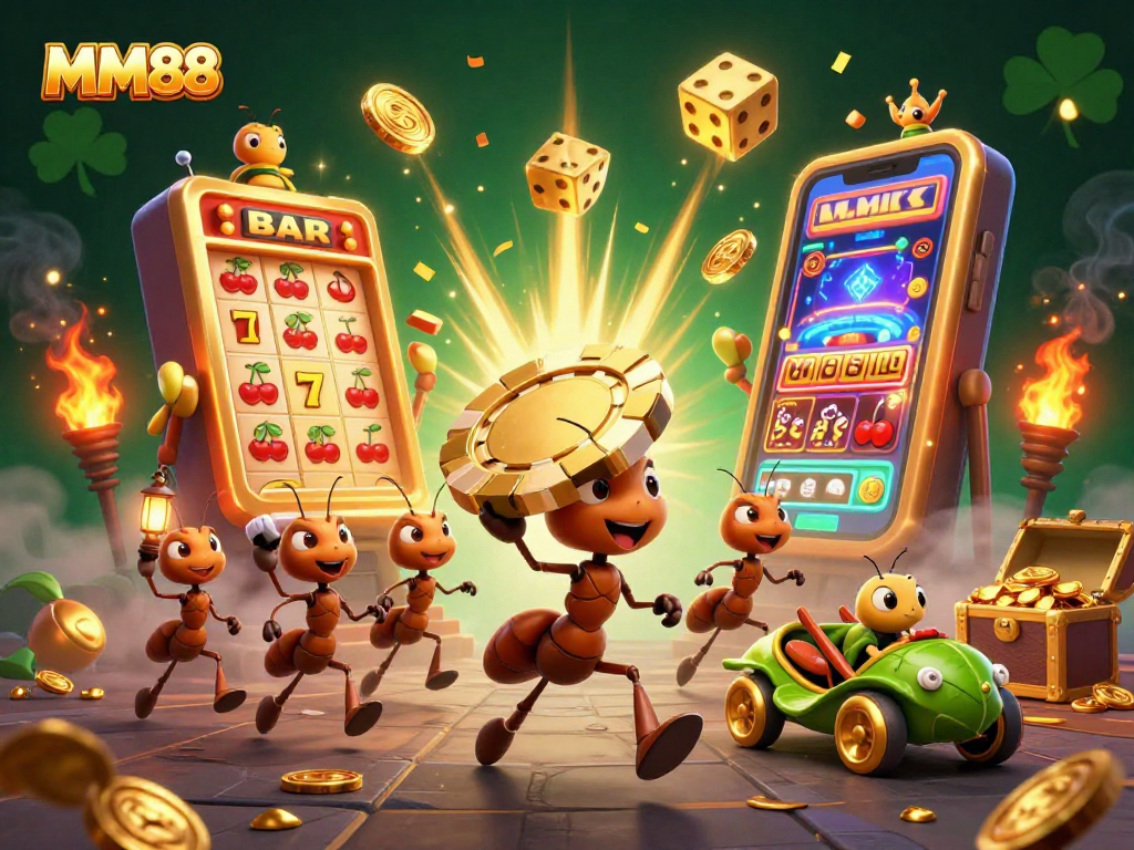 MM88 highlights an adventurous heist with ants carrying a giant poker chip amidst casino elements.