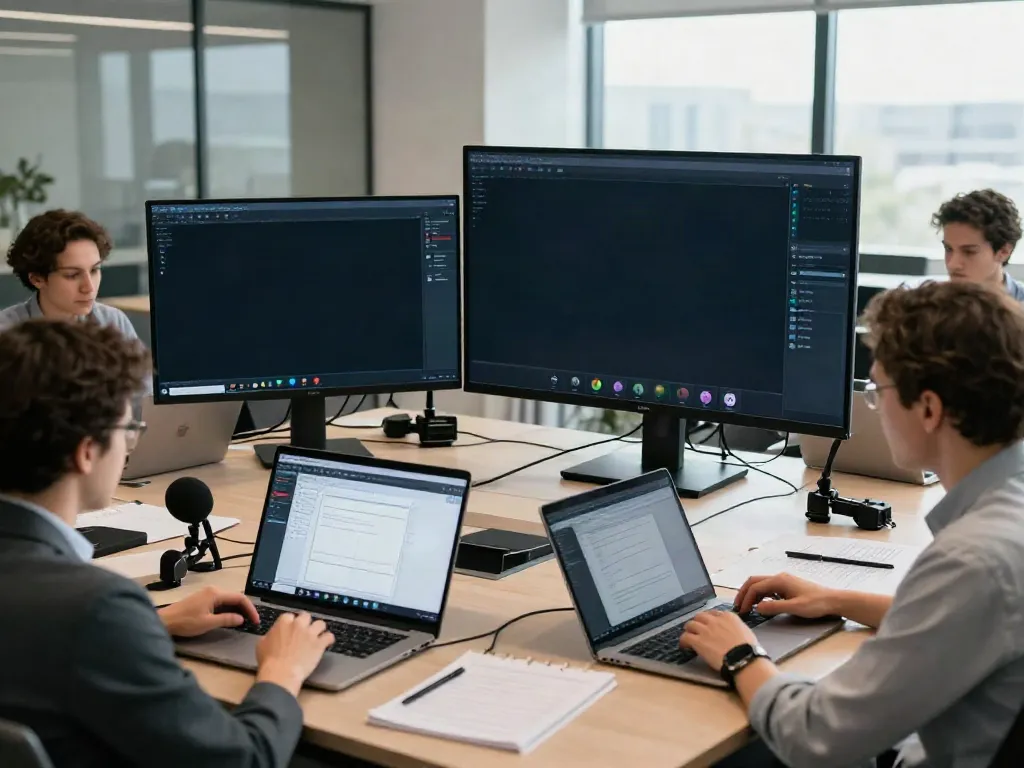 Deepfake protected meetings in a modern office with virtual collaboration tools and clear audio setup.