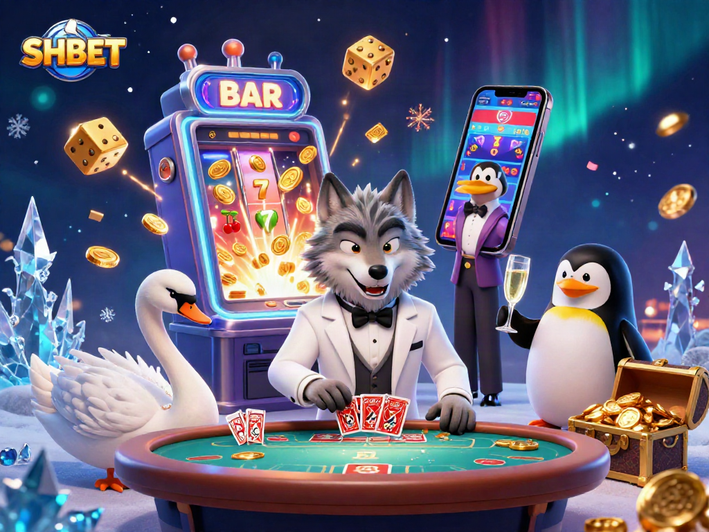 SHBET showcases a vibrant 3D casino scene with lively characters and dynamic game elements.