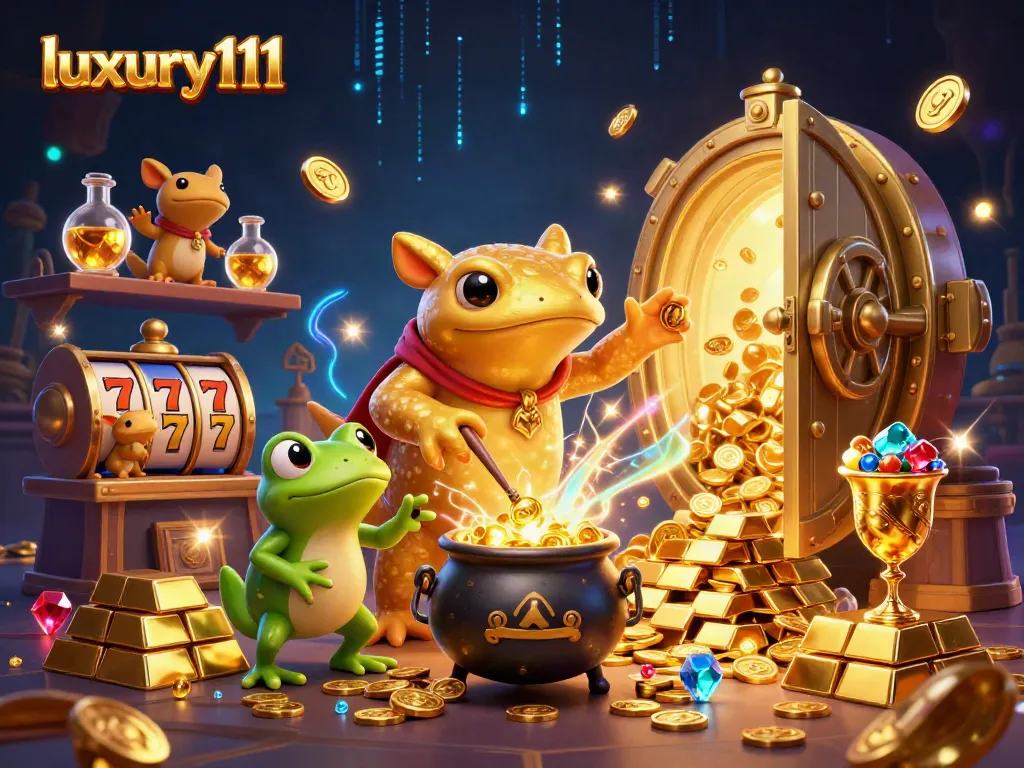 Experience luxury111 slots with golden treasures and magical cauldrons in this stunning casino illustration.