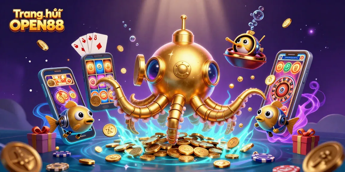 Engage with thrilling gaming action on Trang chủ OPEN88 featuring a golden kraken submarine amidst vibrant slot games and coins.