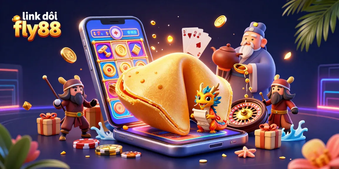 Engage with link vào fly88 and experience thrilling games within a rich, vibrant casino scene featuring a golden fortune cookie and dragon.