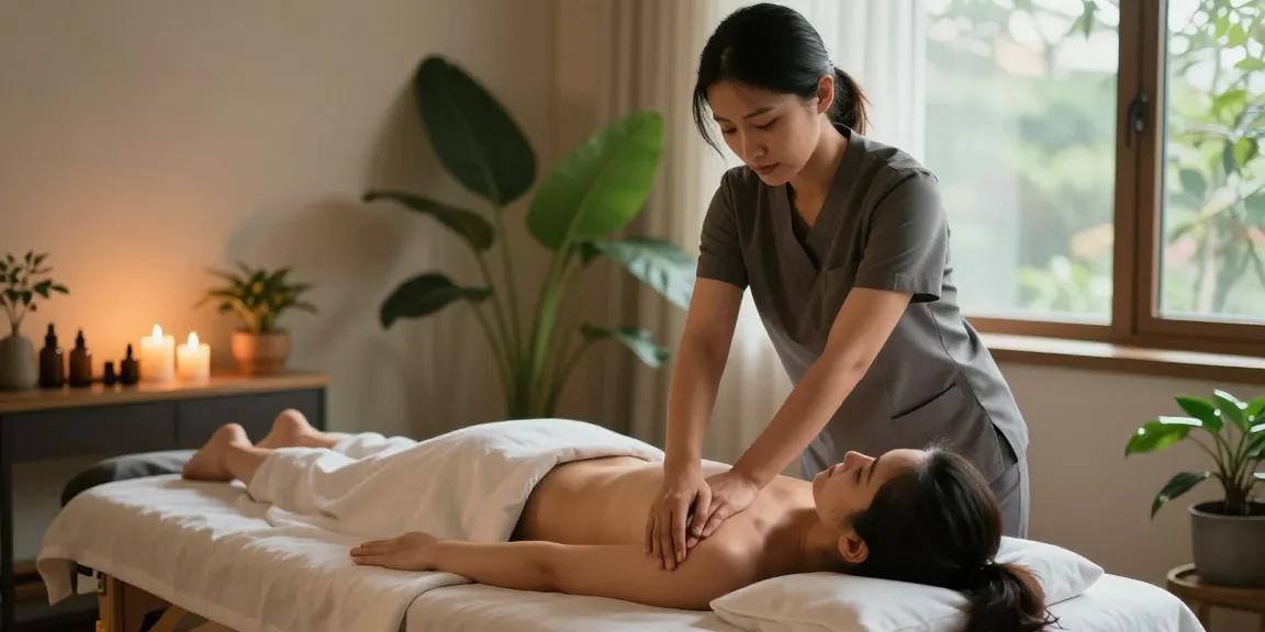 마사지를 받고 있는 고객과 집중하는 치료사, 편안한 스파 환경.