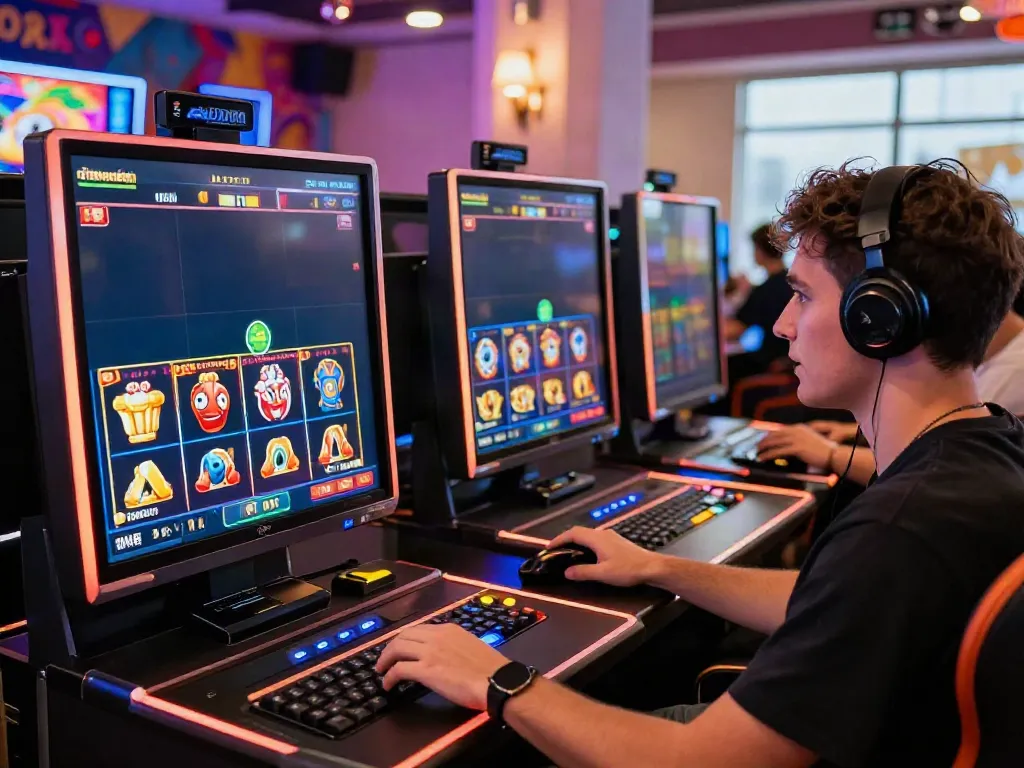 Player immersed in slot online gaming at home with vibrant graphics and cozy setup.