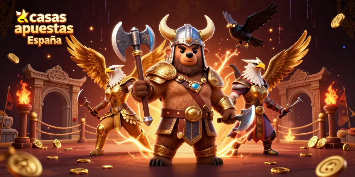 Apostando en casas apuestas España, un oso vikingo con hachas y un águila valquiria en un entorno lleno de fichas y decoraciones.