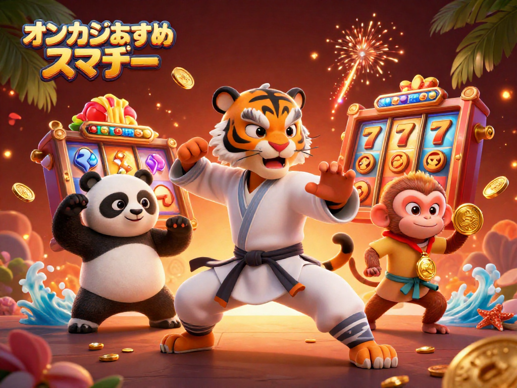 オンカジおすすめ スマホで楽しむ華やかなカジノシーン、スロットリールが回る中、キャラクターが贈り物を模倣している様子。