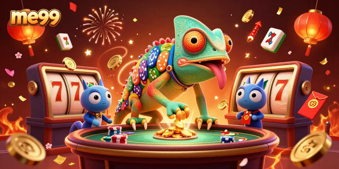 Experience winning thrills at me99 Casino with vibrant slots and a colorful chameleon host.