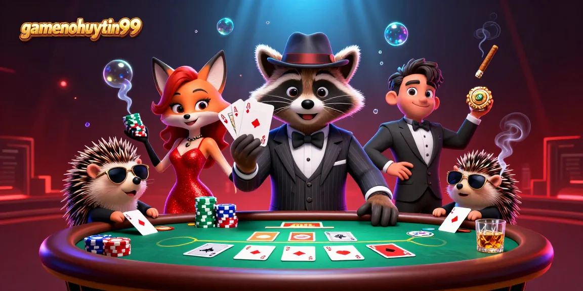 Experience the thrilling poker action at gamenohuuytin99 with a suave raccoon, charming fox, and bouncer.