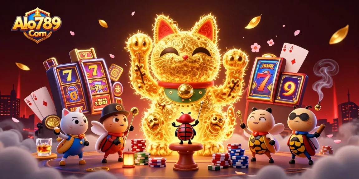 Alo789 Com showcases a vibrant 3D illustration of a lucky cat surrounded by casino symbols and games.