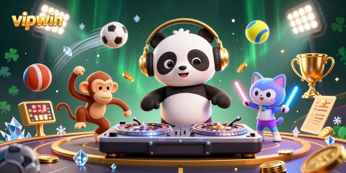 Experience the excitement of vipwin with a vibrant 3D illustration featuring a DJ panda and gaming action.