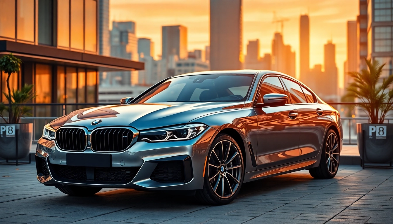 Showcase a Luxury BMW car against a vibrant urban skyline during the evening.