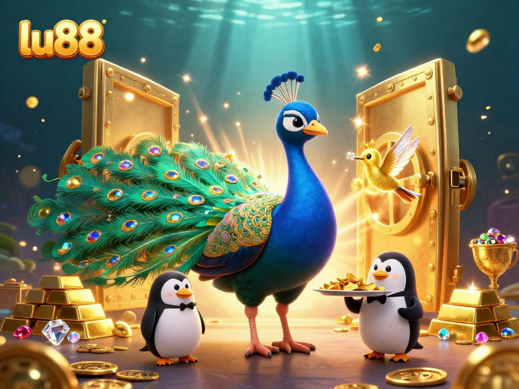 Experience excitement at lu88 with luxurious gaming elements and vibrant cartoon characters in this captivating casino scene.