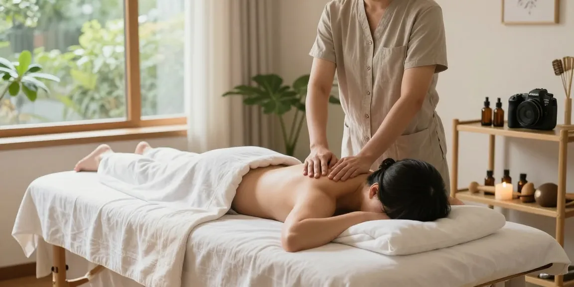 마사지 중인 고객과 편안한 마사지실의 따뜻한 분위기