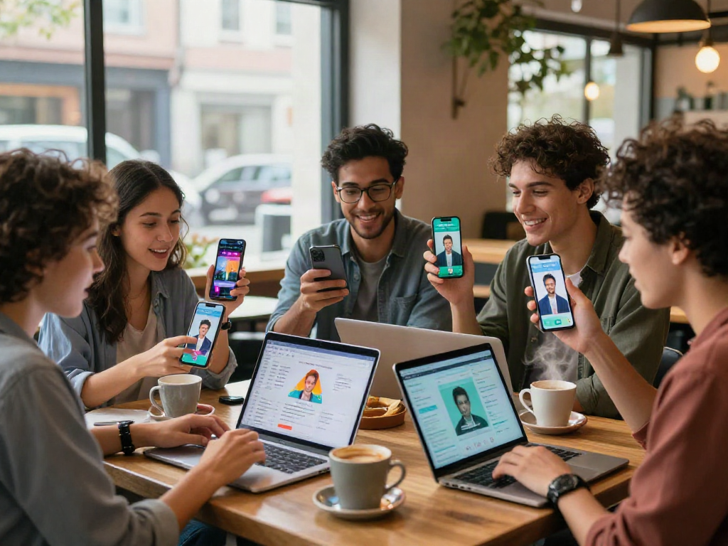 Group analyzing how old do I look using an AI app in a lively coffee shop.