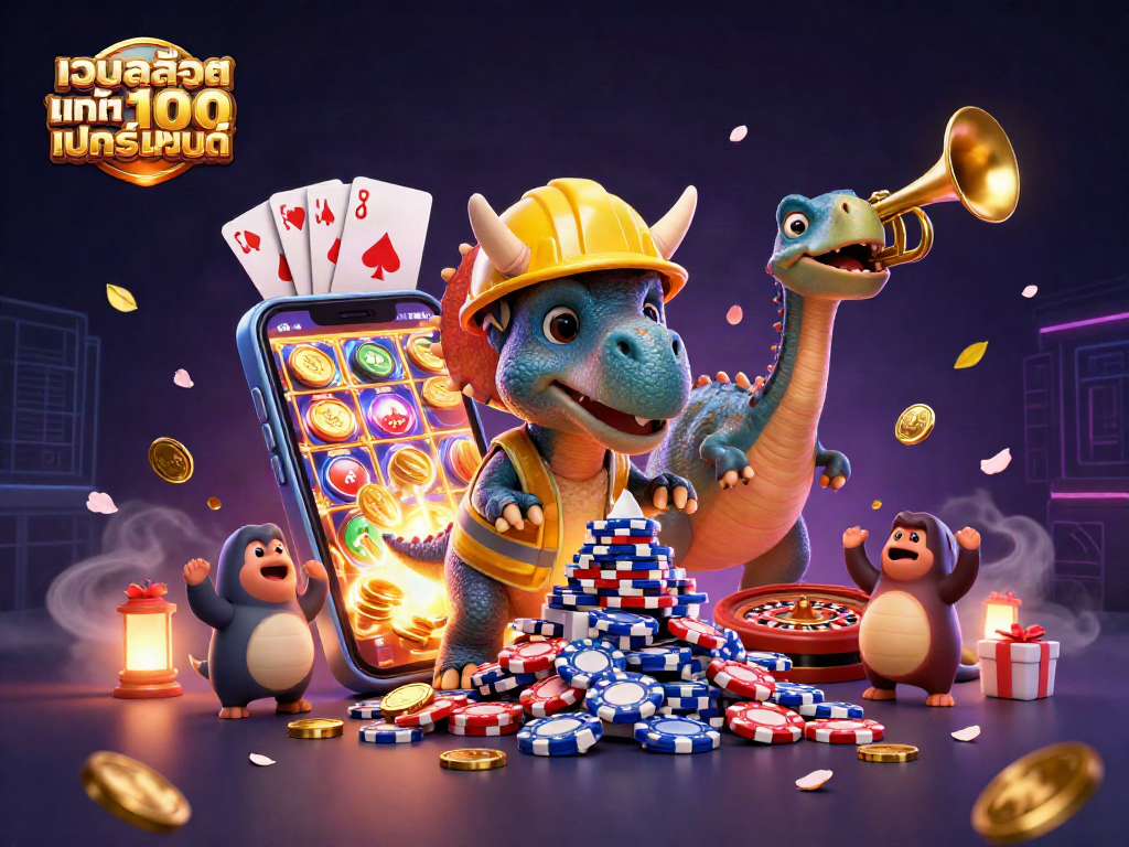 Engage in the excitement of เว็บสล็อต แท้ 100 เปอร์เซ็นต์ with colorful slot games, poker chips, and casino elements celebrating a winning atmosphere.
