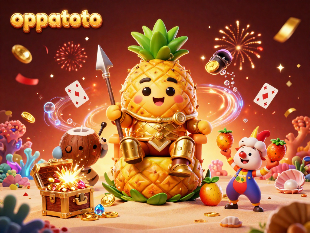 Engage with oppatoto's vibrant 3D casino illustration featuring a pineapple king and dynamic gaming elements.