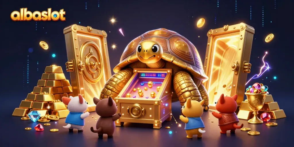 Permainan seru di albaslot dengan kura-kura pinball dan harta karun yang bersinar.