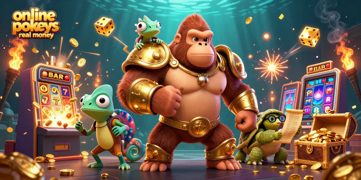 Play online pokies for real money with cartoon characters celebrating a jackpot explosion in a vibrant casino.