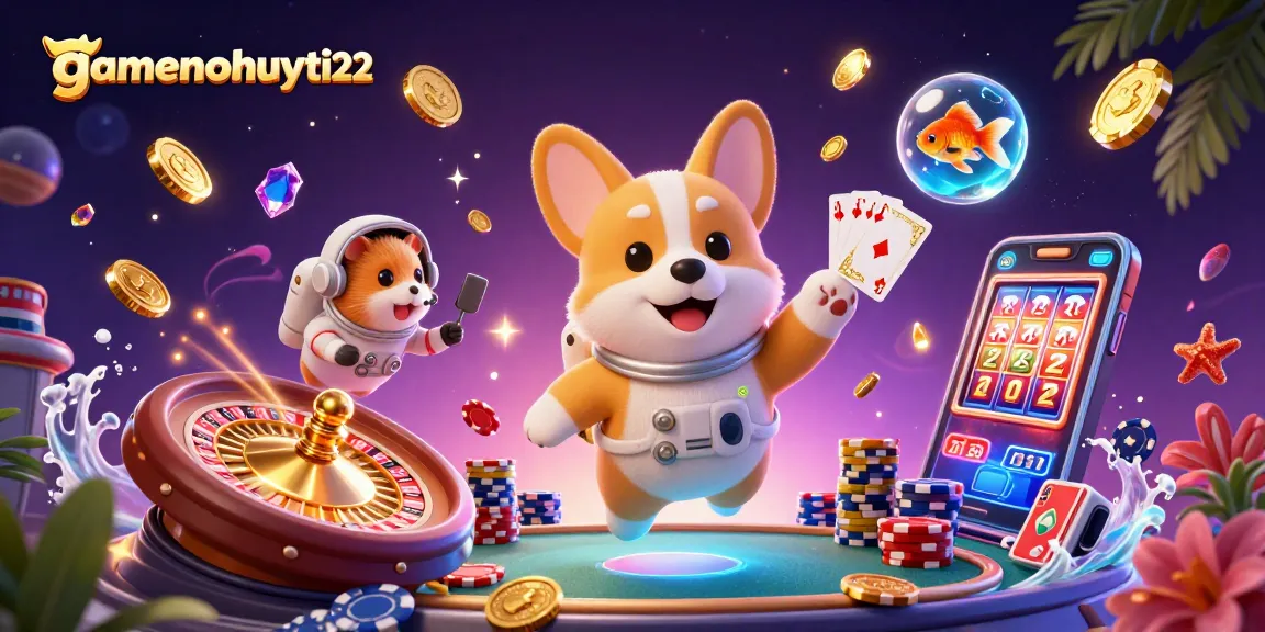 Experience gamenohuuytin22's exciting moments in a dynamic casino scene with floating characters and elements.