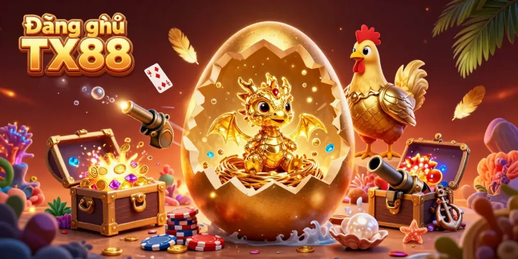 Experience the excitement of Đăng ký TX88 with a dazzling scene of a golden dragon amidst casino treasures and vibrant game elements.