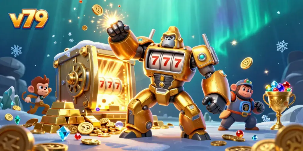 Experience explosive wins at v79 with the golden gorilla mech surrounded by treasures.