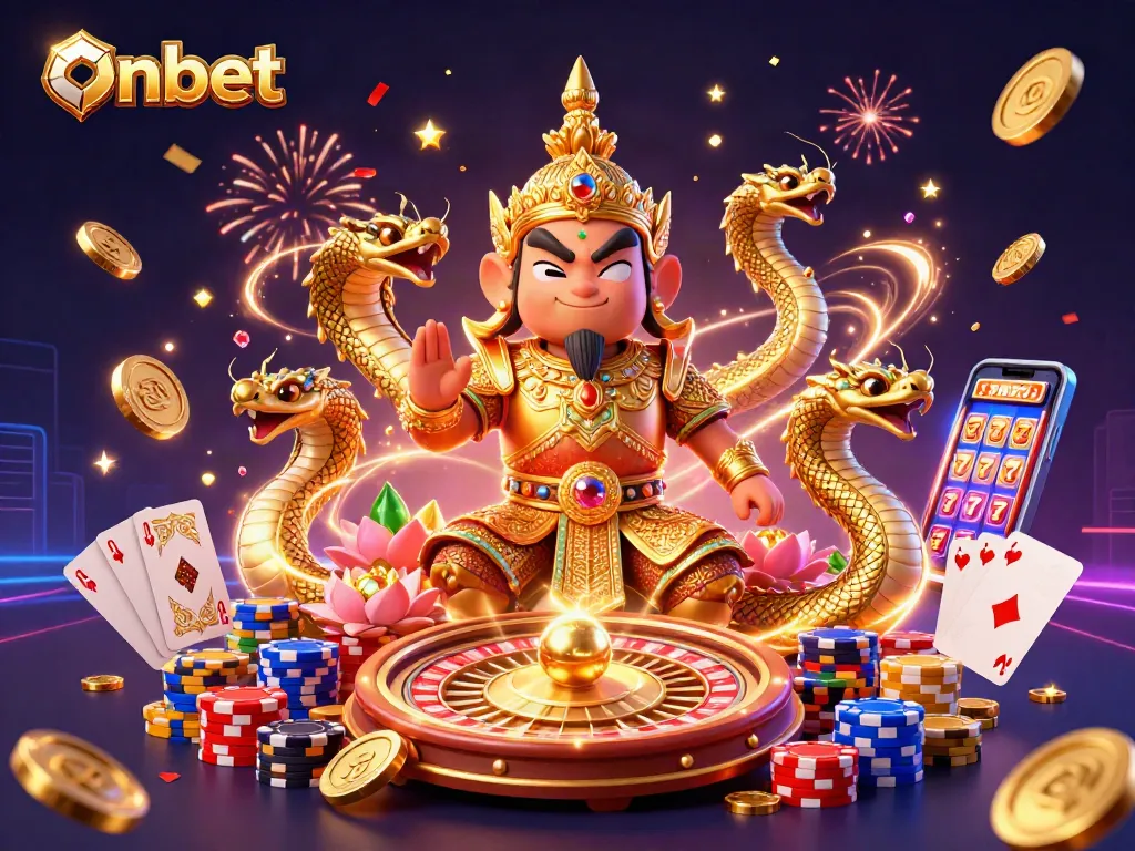 Experience excitement with Onbet's vibrant casino scene featuring immersive characters and lively elements.