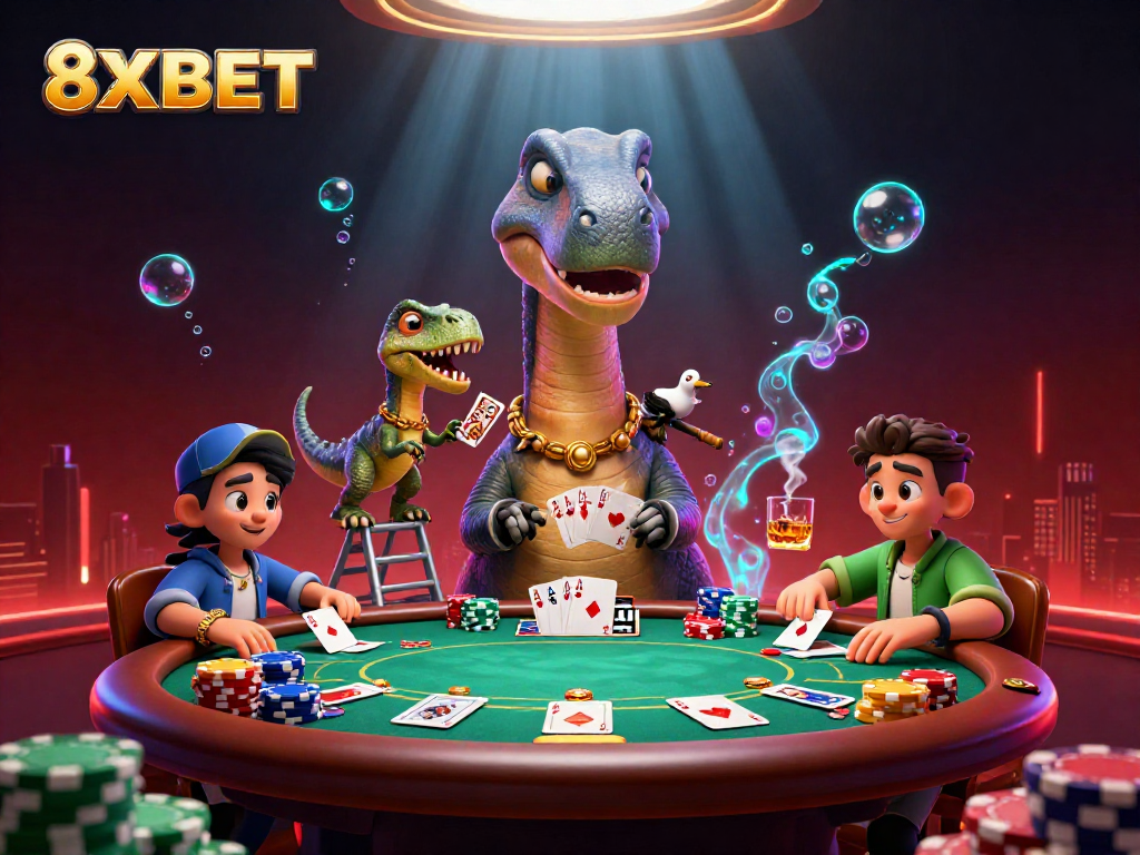 Engage in thrilling casino action with 8XBET as a dinosaur watches an epic poker game unfolding.