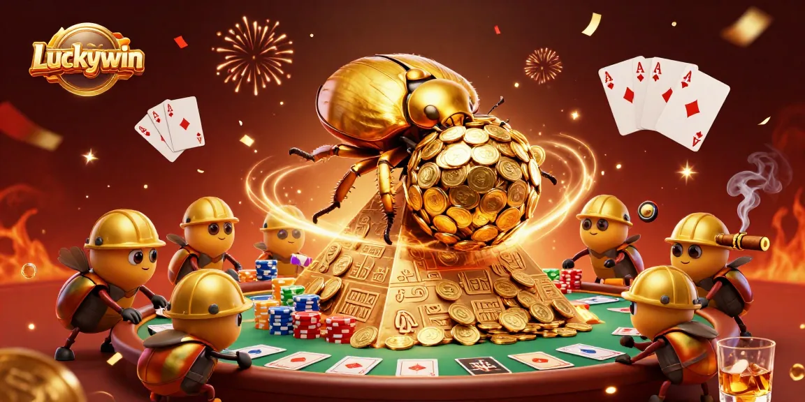 Engage in exciting gaming action with Luckywin's golden coin beetles amidst vibrant casino elements.