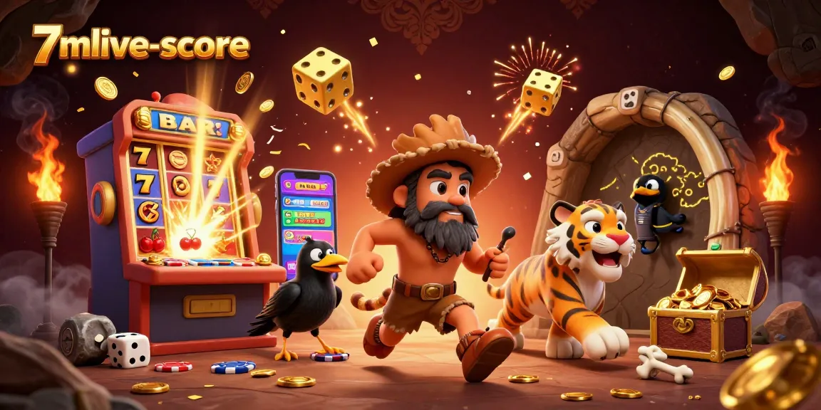 Experience thrilling wins at 7mlive-score in this vibrant, 3D casino scene with lively characters.