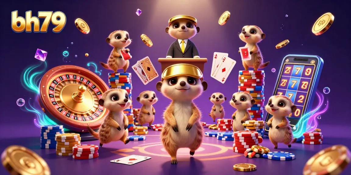 bh79 meerkats manage a bustling casino with cards, chips, and golden coins flying around