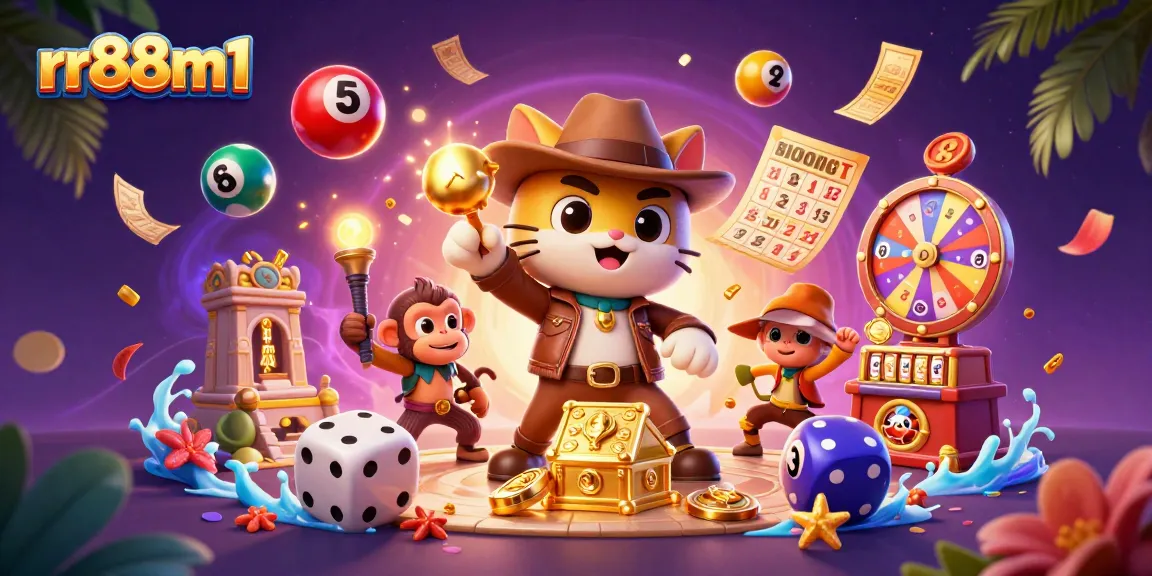 Engage in thrilling gaming with rr88m1's vibrant lottery scene featuring energetic characters.