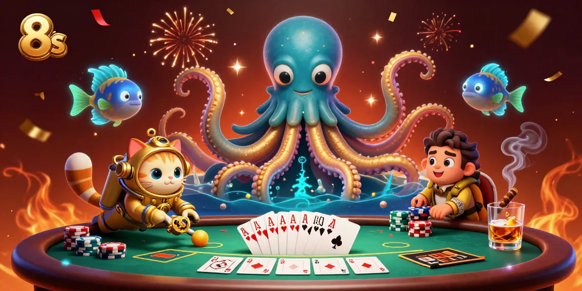 Experience thrilling poker action with 8s at a vibrant casino scene featuring a playful kraken.