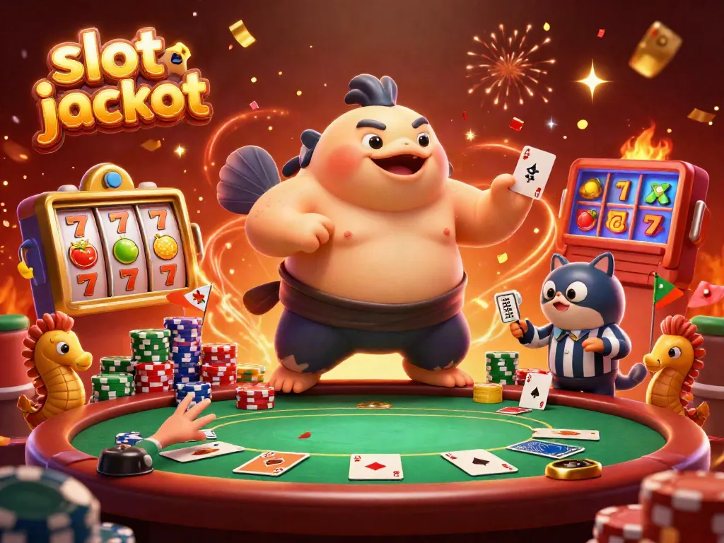 Exciting slot jackpot scene with a 3D cartoon fugu, catfish referee, and colorful slot elements.